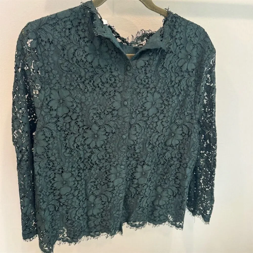 Joie Women's Emerald Green Lace Blouse Crew Neck Long Sleeve Size L - Picture 2 of 3